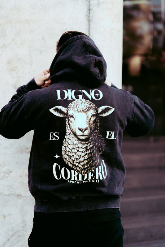 Hoodie Cordero Digno• Ap 5:12 Acid Wash